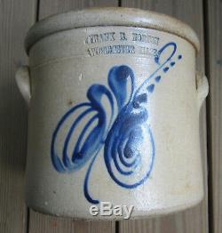 Frank B. Norton Worcester Mass Stoneware Crock with Blue Floral Design c 1848-1894