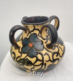 French Antique Pot Savoy Slipware Crock Vase 4 Handles Pottery Stoneware Jaspe