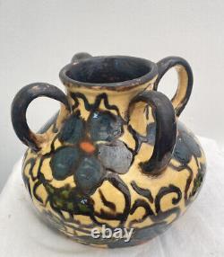 French Antique Pot Savoy Slipware Crock Vase 4 Handles Pottery Stoneware Jaspe