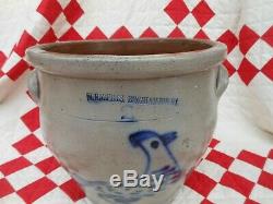 Great Antique American 2 Gal. Tapering Stoneware Jar, Cobalt Peafowl Decoration