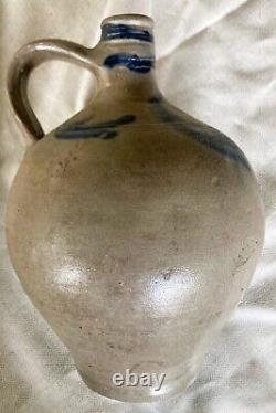 Great Small Antique Cobalt Decorated Ovoid Stoneware Jug 9 tall