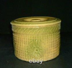 Green & Cream Yellow Ware DAISY & WAFFLE WEAVE Crock Salt Glazed Stoneware