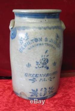 Hamilton & Jones Greensboro PA Stoneware Blue Cobalt 3 Gallon Butter Churn Crock