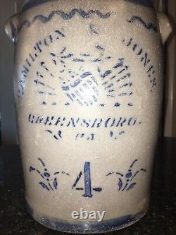 Hamilton Jones Greensboro PA Stoneware Cobalt Blue 4 Gal Churn 1880s Salt Crock