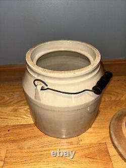 Large 19th Century Salt Glazed Stoneware Crock With Handle And Top 11 In Tall