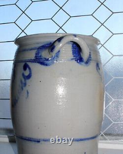 Large Antique 19th Century Salt Glazed Cobalt Blue Decorated Crock with Handles