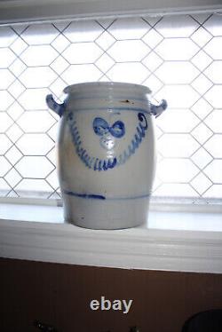 Large Antique 19th Century Salt Glazed Cobalt Blue Decorated Crock with Handles