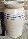 Large Antique 4 Gallon Stoneware Crock Jar 3 Cobalt Stripes Southern Maker