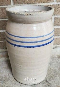 Large Antique 4 Gallon Stoneware Crock Jar 3 Cobalt stripes Southern Maker