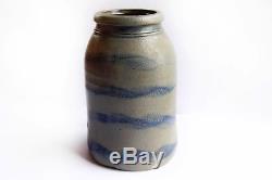 Large Antique Striper Wax Seal Salt Glaze Stoneware Canning Cobalt Blue Stripes
