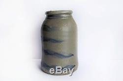 Large Antique Striper Wax Seal Salt Glaze Stoneware Canning Cobalt Blue Stripes
