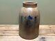Late 1800's Stoneware Crock With Handle With Cobalt Blue Rare Apple Design