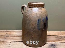 Late 1800's Stoneware Crock with Handle with Cobalt Blue Rare Apple Design