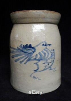 Late 19th C. Antique Stoneware Crock Blue Decorated With Bird