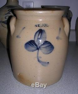 Lyons NY 1 Gal Crock with Cobalt Blue Flower Jar Jug Stoneware