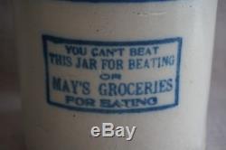 MAY'S GROCERIES Kingsley, IA BEATER JAR Blue Decorated Stoneware Red Wing