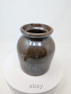 MYSTIC! Black & Brown SWIRL 7 Stoneware Crock ANTIQUE Primitive Pottery