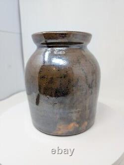 MYSTIC! Black & Brown SWIRL 7 Stoneware Crock ANTIQUE Primitive Pottery