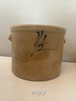 Mid-19th C American Antique. 5 Gl Hnd Dec Salt Glzd Stoneware Cer Handled Crock