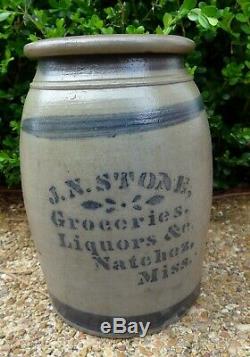 NATCHEZ Mississippi Groceries Liquors c1870s antique stoneware crock whiskey jug