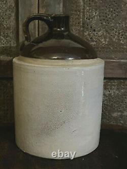 Neat Old Brown & White Jug 1 Gallon Size w Cupid Whiskey Label Stoneware Crock