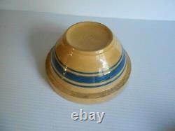 Old Antique Primitive Yellow Ware Crock Bowl With Blue Stripes