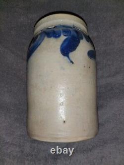 Old Cobalt Blue Floral Decorated Stoneware Pottery Crock Remmey Philadelphia