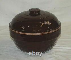 Old Vintage 9 Brown Stoneware Pottery Crock Mixing Bowl w Lid Ringed Sides USA