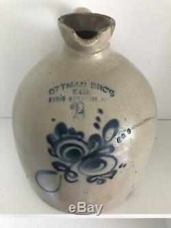 Ottman Bro's. & Co 2 gal. Antique cobalt blue decorated Stoneware batter jug