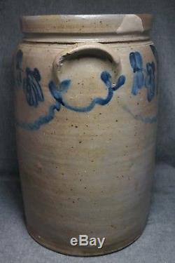 PETER HERRMANN 4 Gal. Blue Decorated STONEWARE CROCK SIGNED 14 3/4