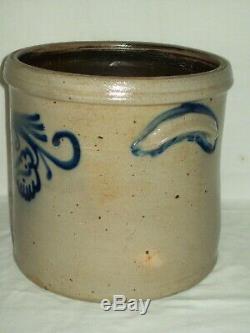 Primitive 2 Gallon Stoneware Pottery Crock With Two Sided Cobalt Blue Design