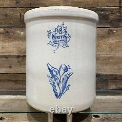 Primitive 6 Gallon Western Stoneware Crock, Monmouth, Blue Lilly Stamp