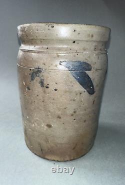 Primitive Antique Country Blue Decorated Stoneware Crock Jar