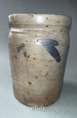 Primitive Antique Country Blue Decorated Stoneware Crock Jar