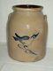 Primitive Blue-bird Stoneware Crock Awesome Cobalt Design Displays Well