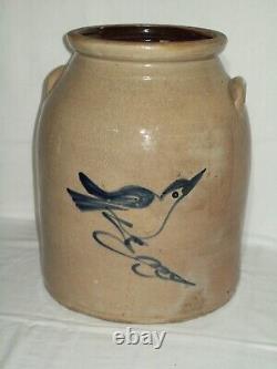 Primitive Blue-Bird Stoneware Crock Awesome Cobalt Design Displays Well