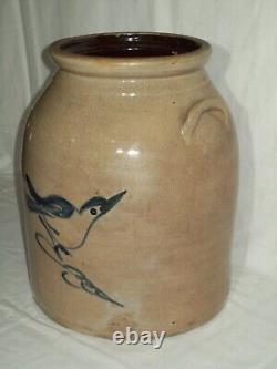 Primitive Blue-Bird Stoneware Crock Awesome Cobalt Design Displays Well