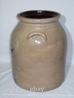 Primitive Blue-Bird Stoneware Crock Awesome Cobalt Design Displays Well