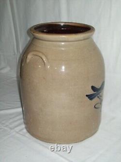 Primitive Blue-Bird Stoneware Crock Awesome Cobalt Design Displays Well