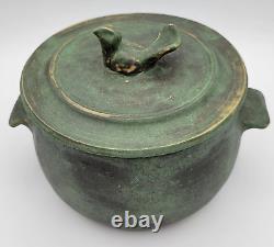 Primitive Crock Fermenting Pot Grease Art Pottery Stoneware Bird Finial Signed