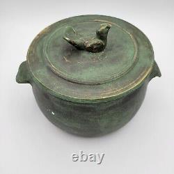 Primitive Crock Fermenting Pot Grease Art Pottery Stoneware Bird Finial Signed