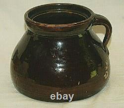Primitive Stoneware Chocolate Glaze Crock Jug Jar with Handle Antique Farm Decor