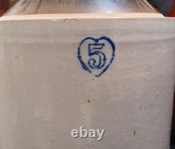 RARE 5 Gallon BURLEY WINTER Pottery Blue Heart Stoneware Jug Crock with Handle