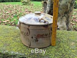 RARE ANTIQUE 19th C STONEWARE DECORATED FLOWER LEAF PENNSYLVANIA PA CROCK With LID