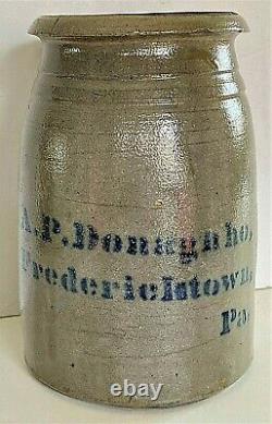 RARE A. P. DONAGHHO, FREDERICKTOWN, PA 1/2 GAL. STONEWARE CANNING JAR ca. 1870