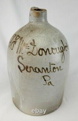 RARE Antique 19thc T. F. McDonough Scranton PA Stoneware Whiskey Script Jug Crock
