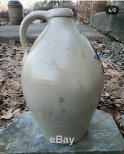 RARE Antique Blue Decorated Ovoid Stoneware Crock Potted Flower 3 Gal Jug Clark