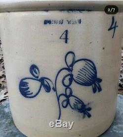 RARE Antique Blue Decorated Penn Yan Stoneware Crock Looking Glass Orchid 4 Gal