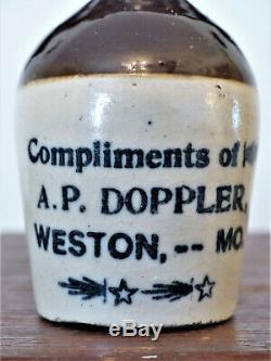 RARE Antique MINIATURE Advertising Whiskey STONEWARE JUG Crock DOPPLER Weston MO