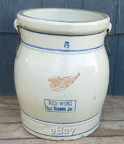 RARE Antique Red Wing 5 Gallon Self Draining Stoneware Jar Water Cooler, Handles